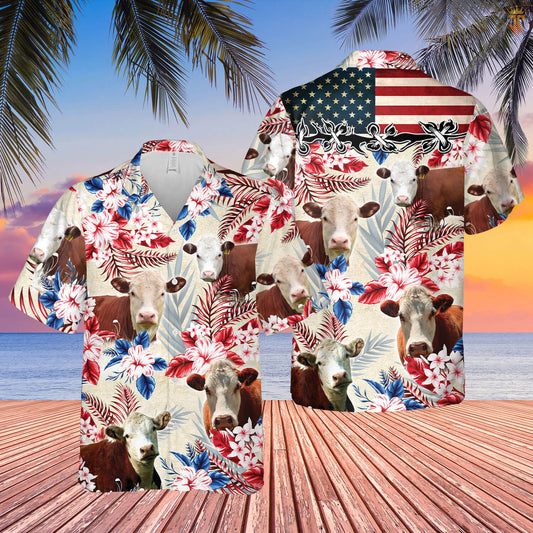 Unique Hereford Cattle American Flag Flowers Hawaiian Shirt