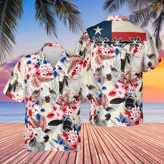 Unique Brahman Cattle Texas Flag Hawaiian Flowers All Over Printed 3D Hawaiian Shirt