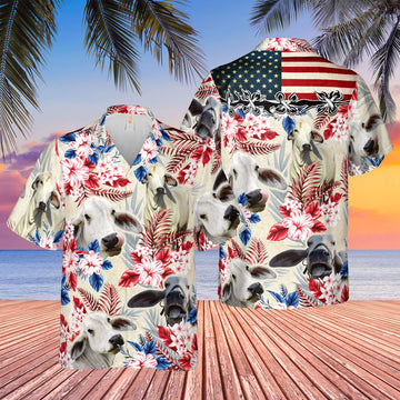 Unique Brahman Cattle American Flag Flowers Hawaiian Shirt