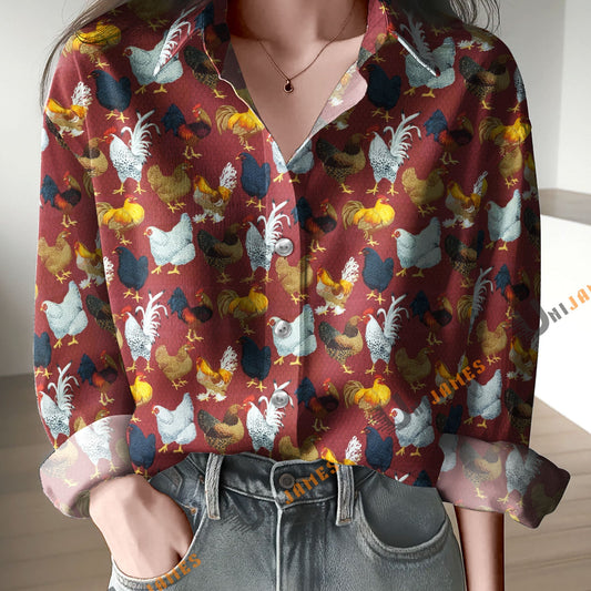 Unique Chicken Breed Red Print Casual Long Sleeve Comfortable Shirt
