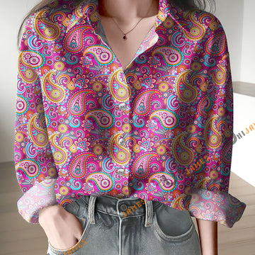 Unique Pink Paisley Bandana Print Casual Long Sleeve Comfortable Shirt