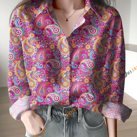Unique Pink Paisley Bandana Print Casual Long Sleeve Comfortable Shirt