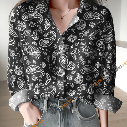 Unique Black Paisley Bandana Print Casual Long Sleeve Comfortable Shirt