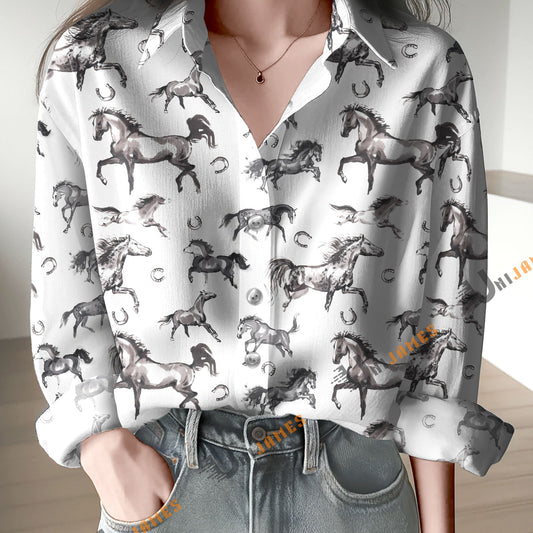 Unique Horse Watercolor Art Print Casual Long Sleeve Comfortable Shirt