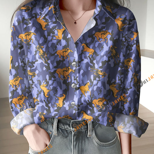 Unique Horse Purple Camo Print Casual Long Sleeve Comfortable Shirt