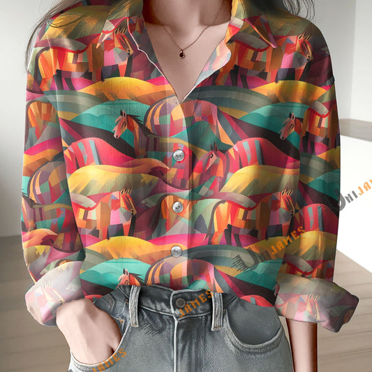 Unique Fantasy Colorful Horse Print Casual Long Sleeve Comfortable Shirt