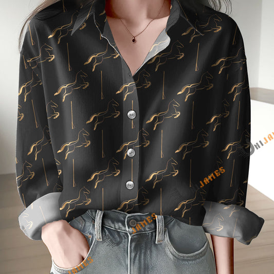 Unique Jumping Horse Black Print Casual Long Sleeve Comfortable Shirt