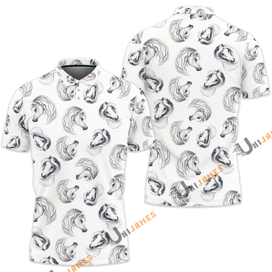 Unique Horse White Art Pattern Polo Shirt