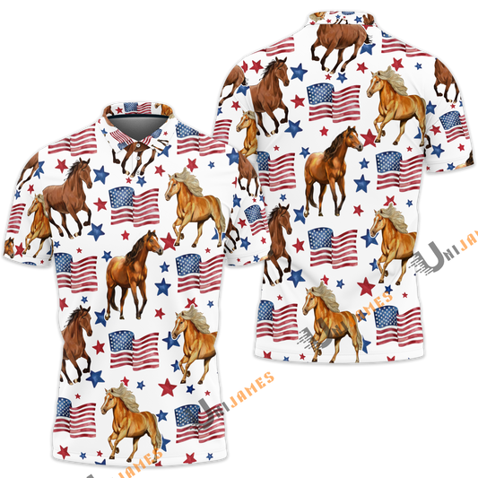 Unique Horse USA Flag Pattern Polo Shirt