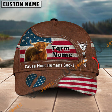 Uni Highland US Flag Customized Name And Farm Name Cap