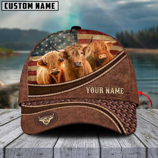 Uni Highland US Flag Personalized Name Brown Carving Leather Pattern Classic Cap