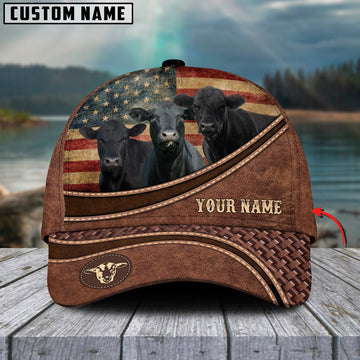 Uni Black Angus US Flag Personalized Name Brown Carving Leather Pattern Classic Cap