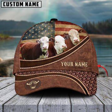 Uni Hereford US Flag Personalized Name Brown Carving Leather Pattern Classic Cap