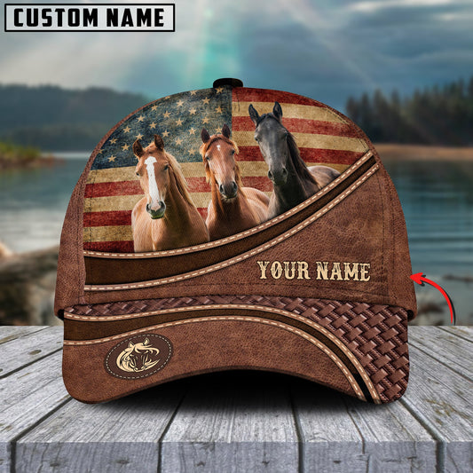 Uni Horse US Flag Personalized Name Brown Carving Leather Pattern Classic Cap