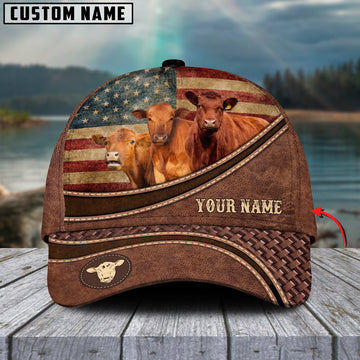 Uni Red Angus US Flag Personalized Name Brown Carving Leather Pattern Classic Cap