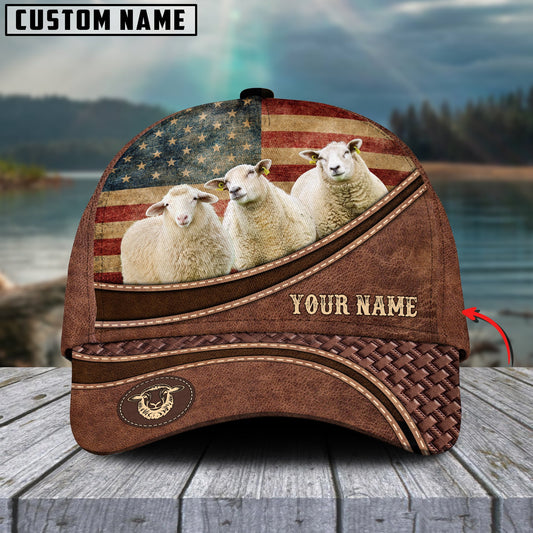Uni Sheep US Flag Personalized Name Brown Carving Leather Pattern Classic Cap