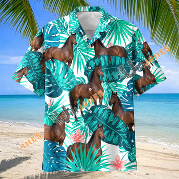 Unijames Thoroughbred Horse In Tropical Leaves Pattern Hawaiian Shirt