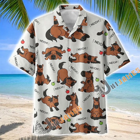 Unijames Cute Cartoon Thoroughbred Horse Neigh Pattern Hawaiian Shirt