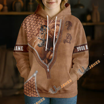 UniJames Thoroughbred Horse Faux Zipper Tooled Leather 3D Hoodie