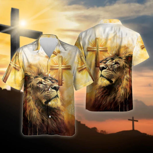 UniJames The Lion Cross Christian Hawaiian Shirt - Hawaiian Beach Shirts for Men Women
