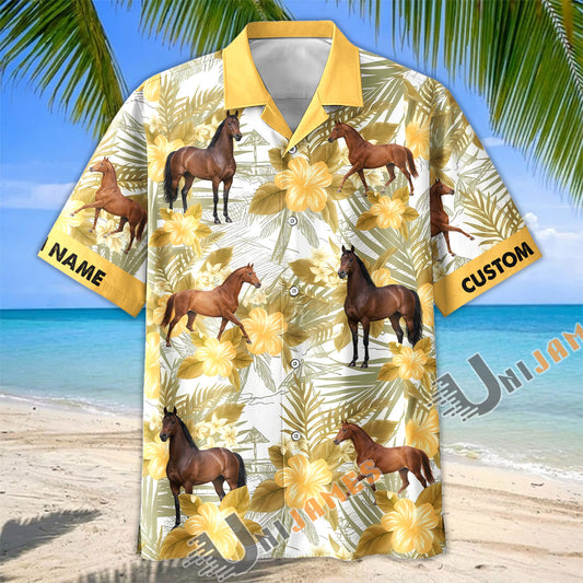 Unijames Personalized Thoroughbred Horse Yellow Hibiscus Hawaiian Shirt