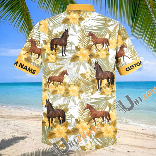 Unijames Personalized Thoroughbred Horse Yellow Hibiscus Hawaiian Shirt