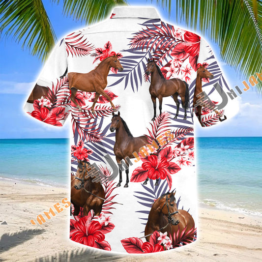 Unijames Thoroughbred Horse Red Hibiscus Tropical Hawaiian Shirt