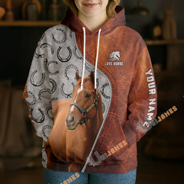 UniJames Personalized Thoroughbred Horse Split Faux Leather & Horseshoe 3D Hoodie