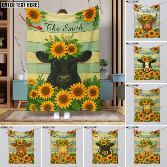 UniJames Sunflower Cattle On Farm Personalized Name Blanket