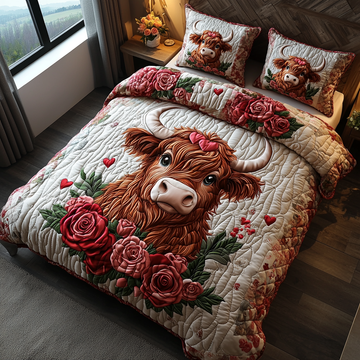 Valentine Highland Cow 3-Piece Quilted Bedding Set NCU0DV2336