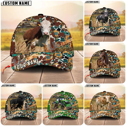 Unijames Cattle Sunflower Western Cowhide Personalized Name 3D Classic Cap
