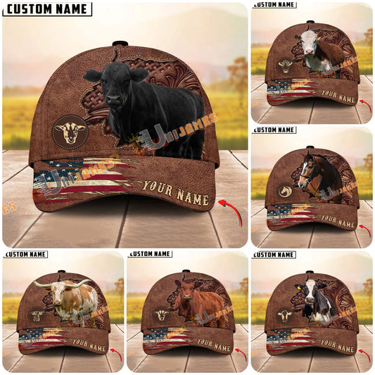 Unijames Cattle Brown Carving American Flag Personalized Name 3D Cap