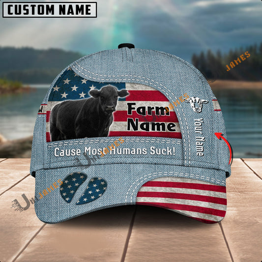 Uni Black Angus US Flag Jeans Pattern Customized Name And Farm Name Cap