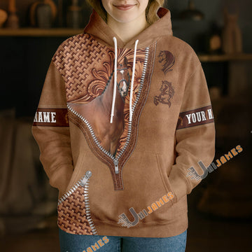 UniJames Warmblood Horse Faux Zipper Tooled Leather 3D Hoodie