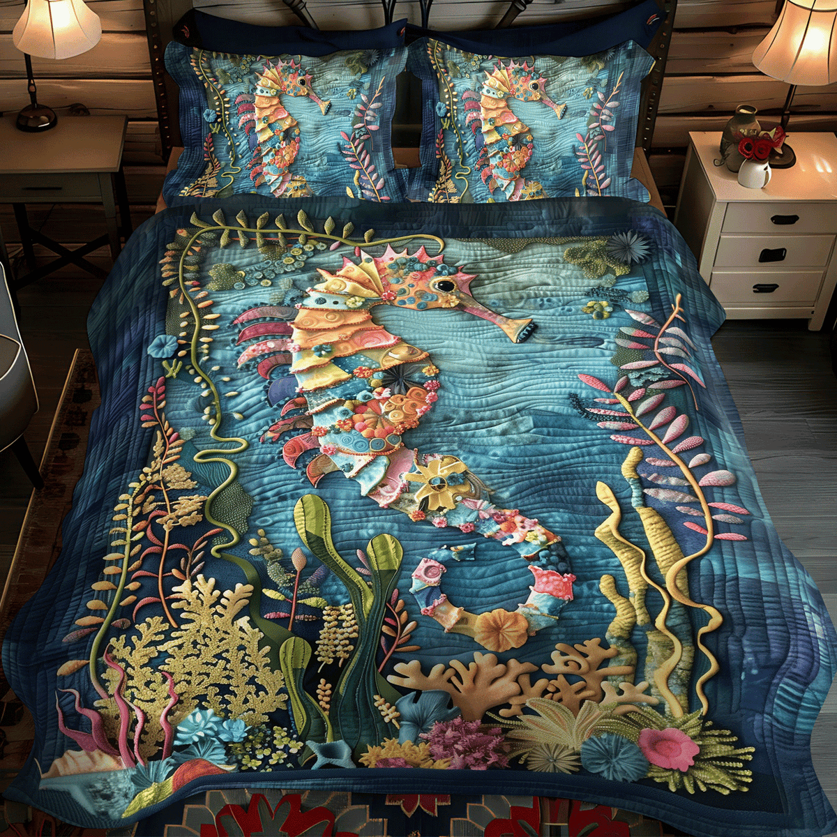 Whimsical Seahorse 3-Piece Quilted Bedding Set NCU0TH1267