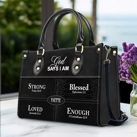 Personalized “God Says I Am” Leather Handbag for Christian Women – Custom Name & Color |