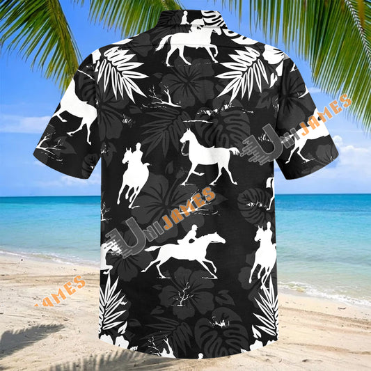Unijames Black White Tropical Horse Rider Aloha Shirt