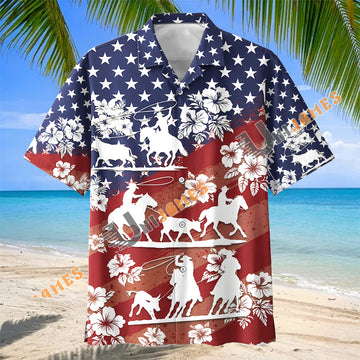 UniJames Patriotic American Flag Western Cowboy Rodeo Floral Hawaiian Shirt