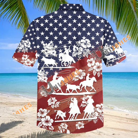 UniJames Patriotic American Flag Western Cowboy Rodeo Floral Hawaiian Shirt