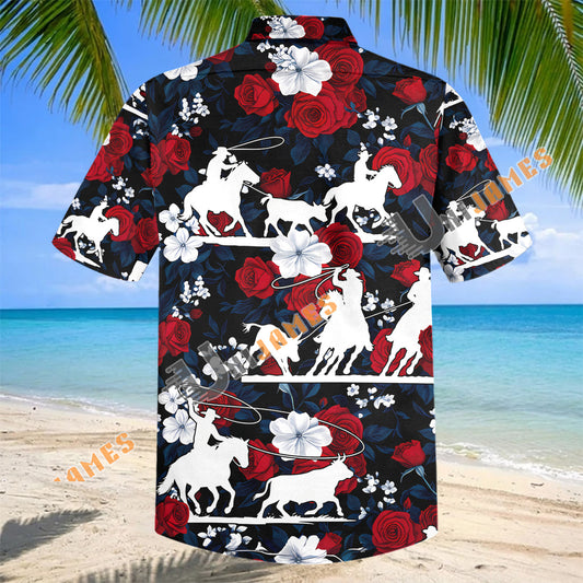UniJames Western Cowboy Rodeo Red Rose Floral Hawaiian Shirt