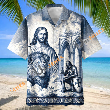 Unijames Jesus, Lion of Judah & Kneeling Templar Knight Vintage Blue Hawaiian Shirt