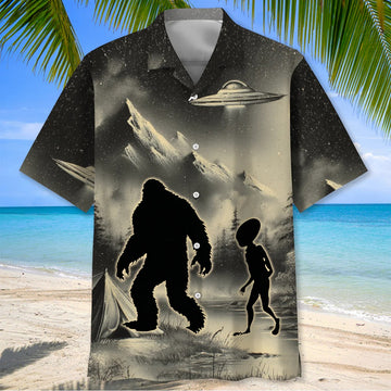 Unijames Mysterious Bigfoot And Alien At Campsite Hawaiian Shirt