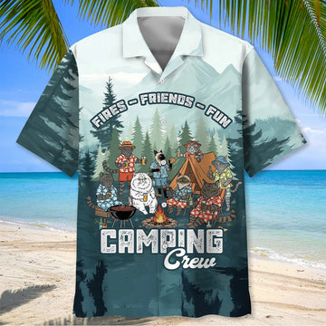 Unijames Friends, Fires, Fun Camping Crew Cat Breeds Hawaiian Shirt