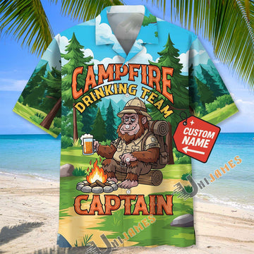 Unijames Custom Name Bigfoot Campfire Drinking Team Captain Hawaiian Shirt