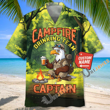 Unijames Custom Name Campfire Drinking Team Captain Eagle Hawaiian Shirt