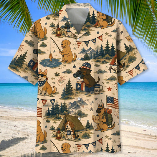 Unijames Cute Dog Camping Outdoor Hawaiian Shirt