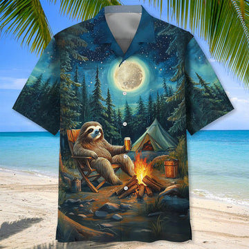 Unijames Vintage Art Sloth Camping Drinking Night Hawaiian Shirt