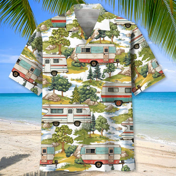 Unijames Camper Trailer Camping 80s Vintage Hawaiian Shirt