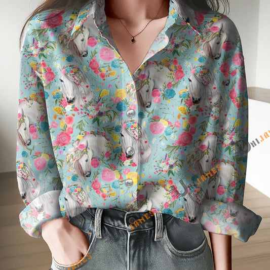 Unique Horse Pattern Flower Print Casual Long Sleeve Comfortable Shirt