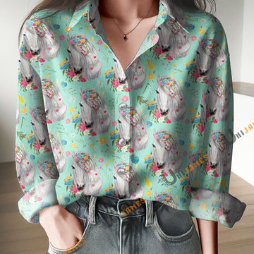 Unique Vintage Floral Horses Print Casual Long Sleeve Comfortable Shirt